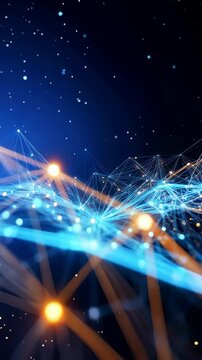 Abstract network connection with glowing nodes and lines representing technology and data transfer on a dark blue background