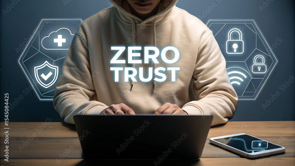 Poster Person in hoodie using laptop with zero trust overlay and security icons on a dark background