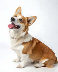Cheerful brown and white dog with joyful expression on white background