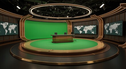Virtual news studio background for tv broadcasting with green screen and world map monitors template design