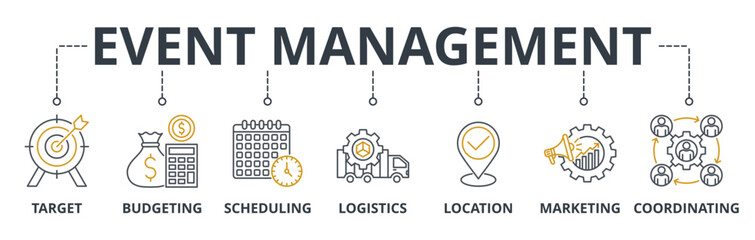 Event Management web banners concept vector illustration with keywords and icons	