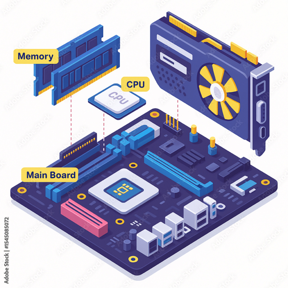 Fototapete detailed isometric illustration of a computer motherboard with cpu gpu ram memory components for tec
