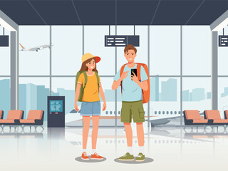 Happy tourist with Large travel bag pack for travel and exploring the beach. The lovers holding map and passport, smiling. Summer vacation and tropical travel concept illustration.