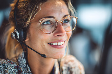 smiling trustworthy and relatable white female with cubicle call center associate wearing a headset  in a upscale and modern office conference room