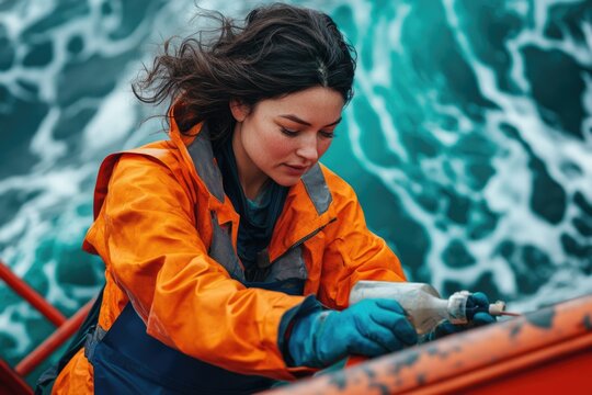 A woman in an orange jacket works on a boat amidst turbulent ocean waves. - Powered by Adobe