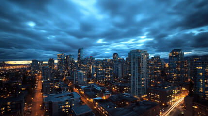 Fototapeta premium Dramatic wide-angle shot of a city skyline, strong leading lines creating depth, high-resolution urban photography training —ar 16:9 