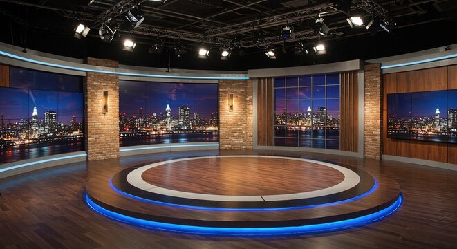 Modern studio set background for virtual production news broadcast and presentation design template backdrop
