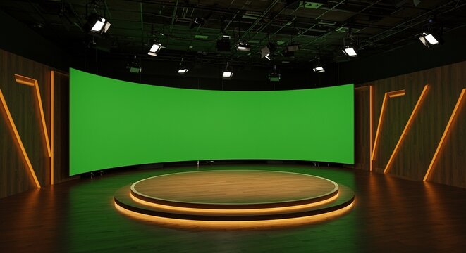 Green screen studio background virtual set for tv show news interview chroma key video production stage