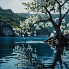 Naklejka premium cherry tree in the lake