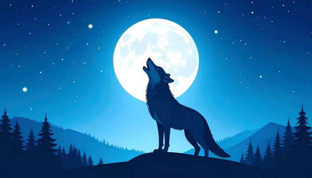 cartoon illustration of wolf howling at the moonlight - Powered by Adobe