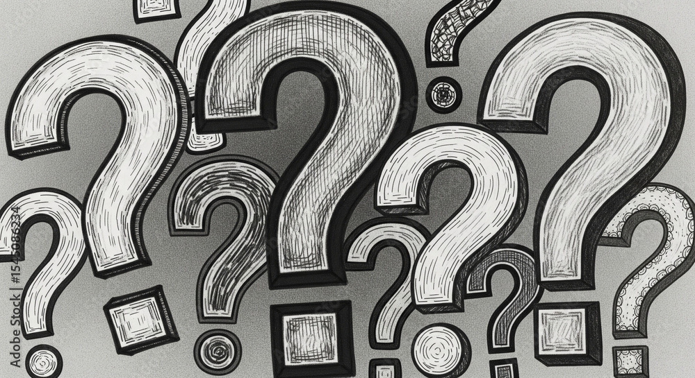 Aufkleber Sketch-style question marks, various sizes and textures, overlapping on gray background, symbolizing uncertainty, inquiry, and the search for answers