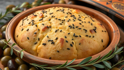 Freshly baked homemade bread with sesame seeds in a pan and a basket, a perfect breakfast food or snack