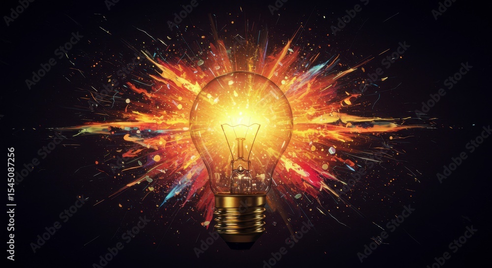 Poster illuminated lightbulb exploding with vibrant color splashes