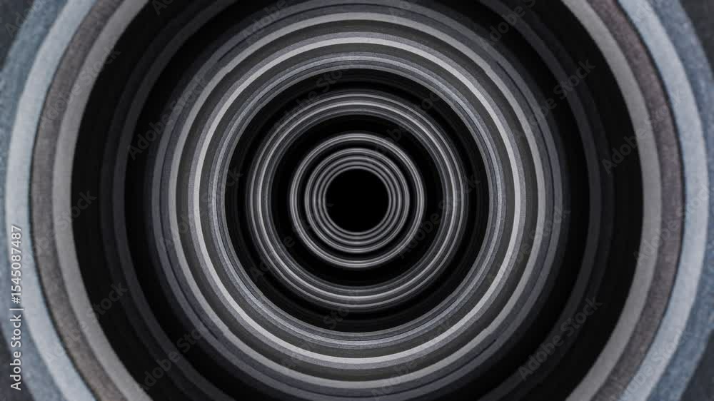 Poster camera flyby in endless round tunnel with black and white striped fabric texture. 3d render looped a
