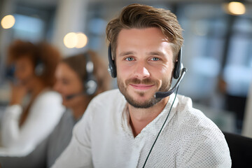 trustworthy and relatable white male with cubicle call center associate wearing a headset  in a upscale and modern office conference room