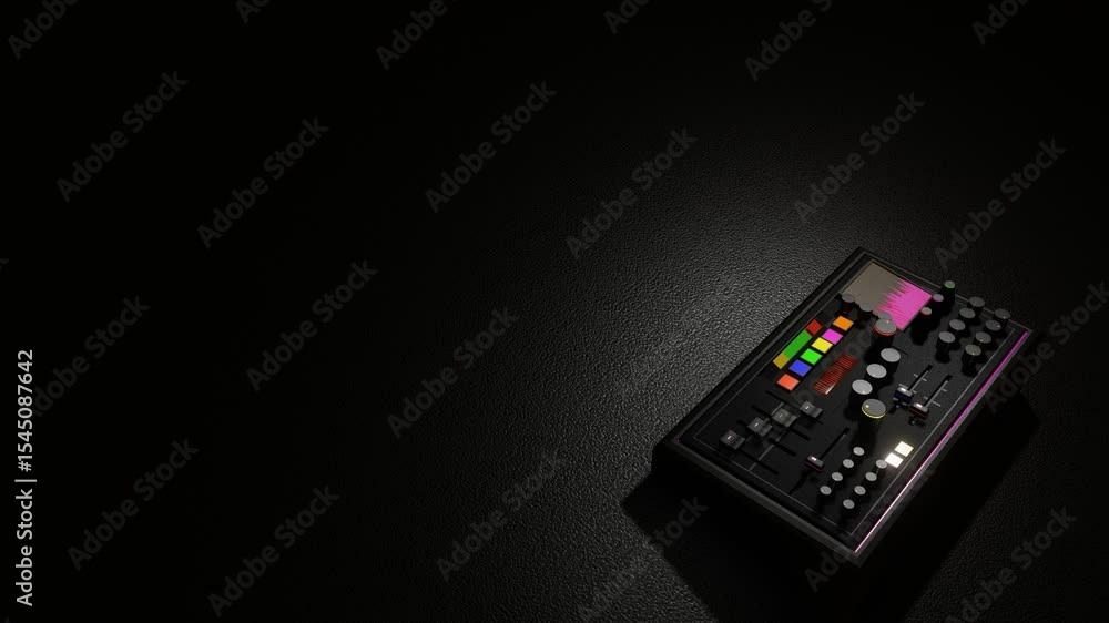 Aufkleber model of working mixing console on dark background. concept of sound recording studio. 3d render loo