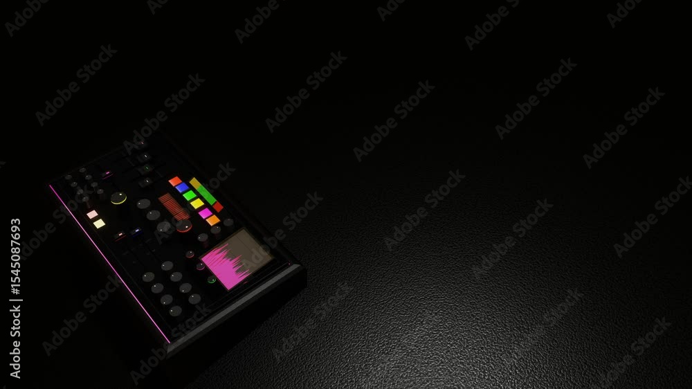 Poster model of working mixing console on dark background. concept of sound recording studio. 3d render loo