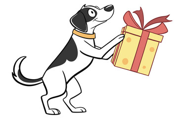 Cartoon spotted dog excitedly presents a yellow gift box tied with a red ribbon