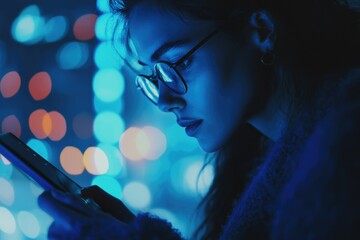 Woman with glasses uses smartphone at night, illuminated by blue bokeh lights.