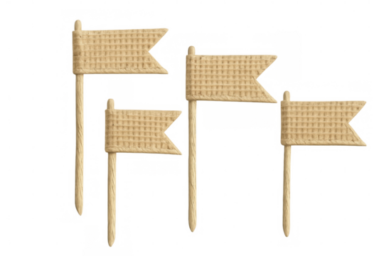 Miniature waffle-textured flags mounted on wooden sticks, floating against transparent backdrop for crafting and design purposes