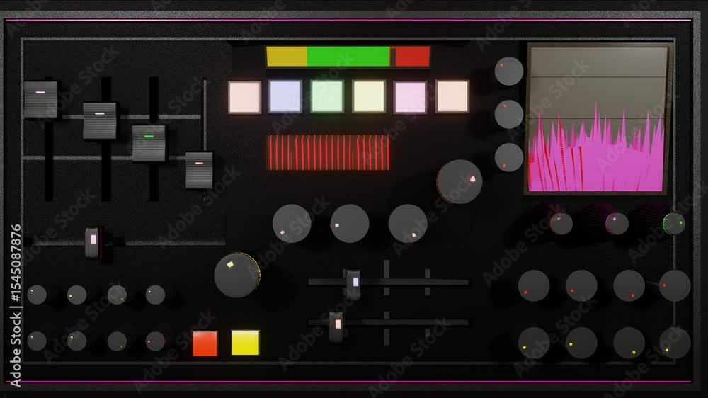 Poster model of working mixing console on dark background. concept of sound recording studio. 3d render loo
