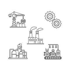 Illustration of industrial icons including factory, crane, gears, robots, and production line
