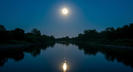 Serene night scene where a full moon illuminates a tranquil river, casting reflections. Silhouetted trees line the water's edge