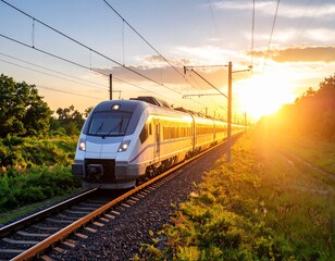 Naklejka premium Train on Railroad Tracks with Scenic Sunset Background*