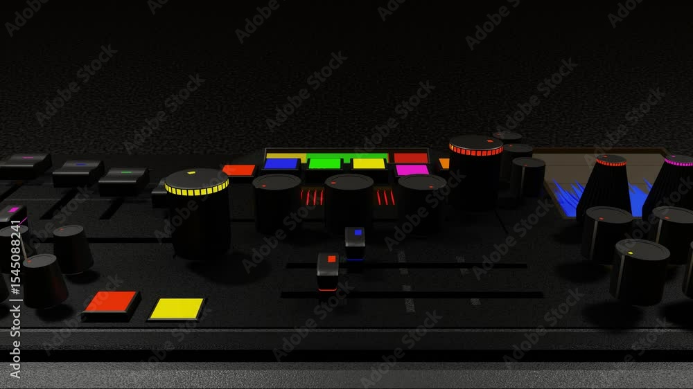 Poster model of working mixing console on dark background. concept of sound recording studio. 3d render loo