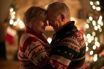 Senior couple embracing warmly by fireplace, Christmas lights glowing in background.