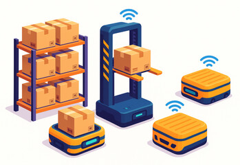 Automated Warehouse Robotics System Efficiently Managing Packages on Shelves using Smart Technology for Logistics and Delivery