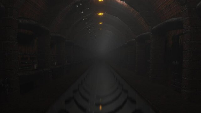 endless forward movement inside dark foggy brick sewer tunnel with old rusty pipes. 3d render looped animation