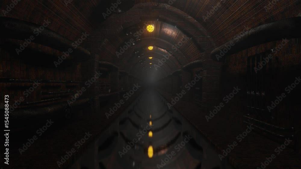 Poster endless forward movement inside dark foggy brick sewer tunnel with old rusty pipes. 3d render looped