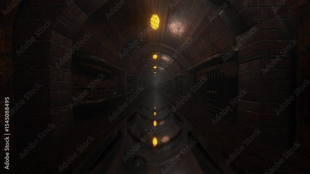 Poster endless forward movement inside dark foggy brick sewer tunnel with old rusty pipes. 3d render looped