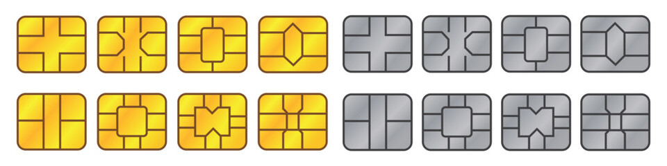 EMV chip. Credit and debit card elements. Vector flat icons set. Gold and silver smart card microchips for terminals and ATMs. Isolated objects