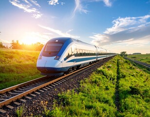 Fototapeta premium Train on Railroad Tracks with Scenic Sunset Background*