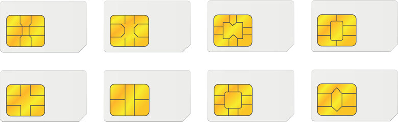 Set of SIM cards for mobile phones on white background.