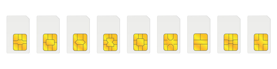 Set of SIM cards for mobile phones on white background.