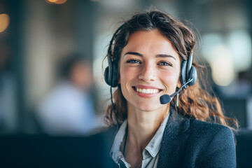 a trustworthy and relatable white female with cubicle call center associate wearing a headset  in a upscale and modern office conference room