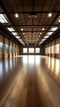 Vast open studio space with polished wooden flooring, high ceiling, and windows offering natural light, designed for creative activities