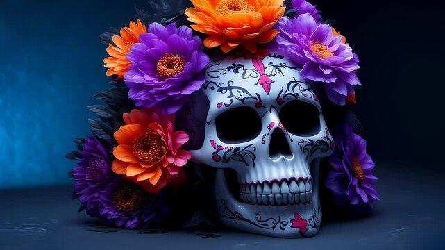 Sugar skull explodes with color on blue backdrop