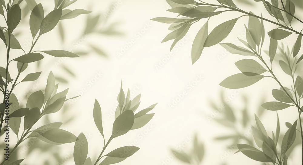 Poster soft green leaves and their shadows create a frame against a light background, suggesting serenity a