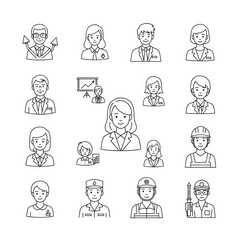 Line art of diverse professionals including business people and workers in various occupations shown
