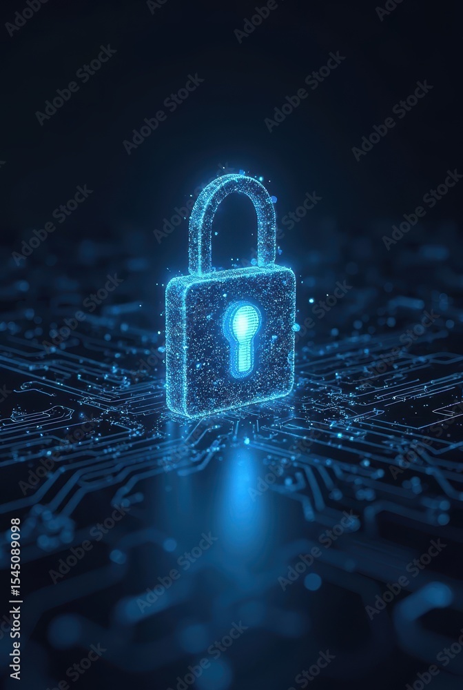 Poster a glowing digital padlock formed from blue particles appears over a circuit-patterned background, re