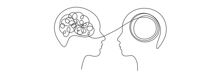 One line art of two human profiles facing each other, with a chaotic brain connecting to a calm, circular brain. Editable line. Concept of empathy, psychology, or communication