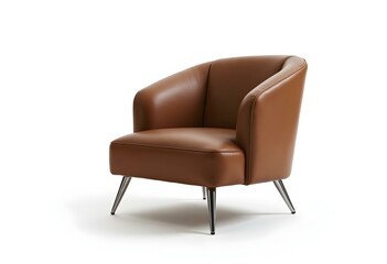 Fototapeta premium Modern Brown Leather Armchair with Metallic Legs Isolated on White Background