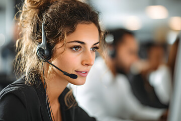 trustworthy and relatable young white female with cubicle call center associate wearing a headset  in a upscale and modern office conference room