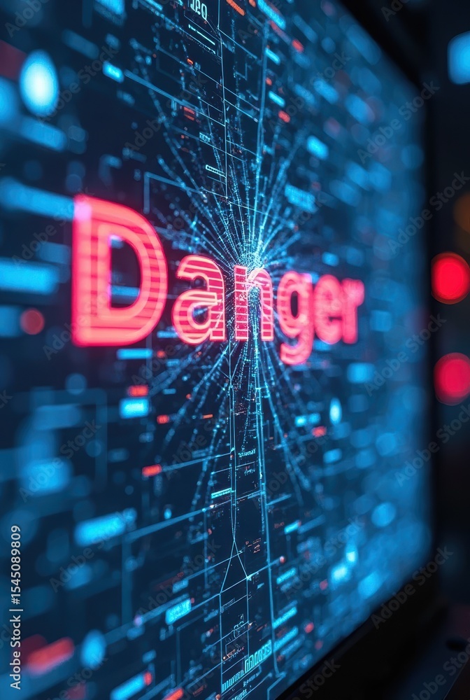 Poster the word “danger” glows in vivid red at the center of a futuristic digital display - highlighting cr