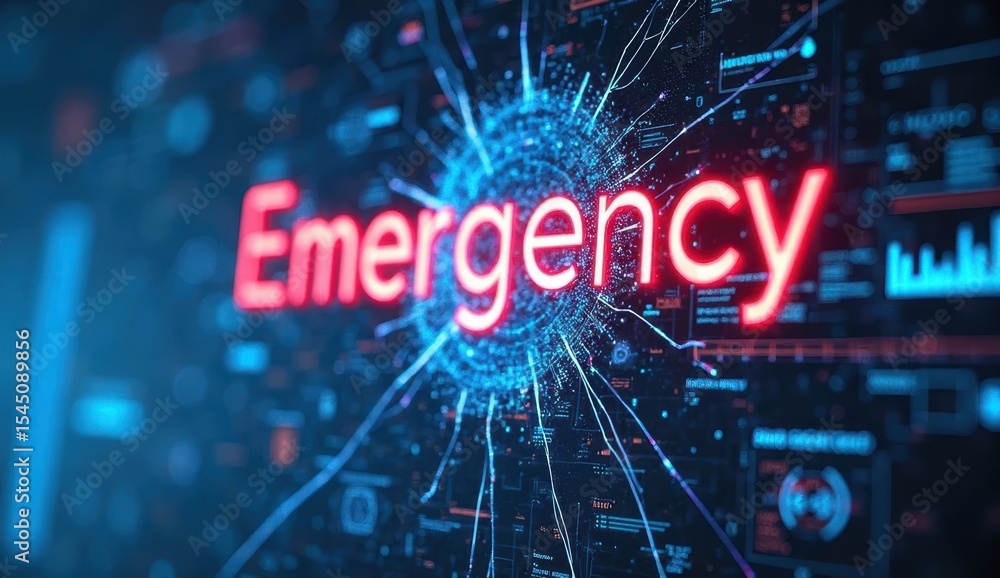 Poster a digital interface pulses with a bright red “emergency” warning. glowing data lines and fragmented 