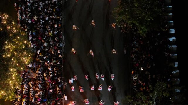 Aerial footage of the Kandy Esala Perahera, Sri Lanka&rsquo;s most iconic cultural festival. The drone captures the grand procession with traditional dancers, fire performers, drummers, and richly adorned e